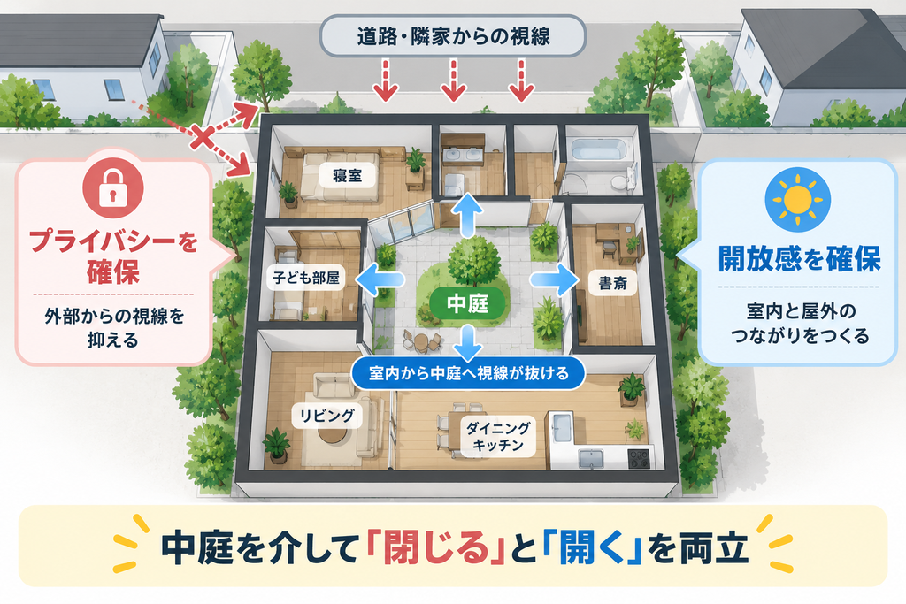 中庭を住宅の壁や居室で囲み、道路・隣家からの視線を抑えながら、室内から中庭への開放感を確保する仕組みを示した図解