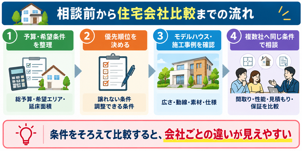 住宅会社へ相談する前に、予算・希望条件の整理、優先順位の決定、モデルハウス・施工事例の確認、複数社への同条件での相談を行い、間取り・性能・見積もり・保証を比較する流れを示した図解。