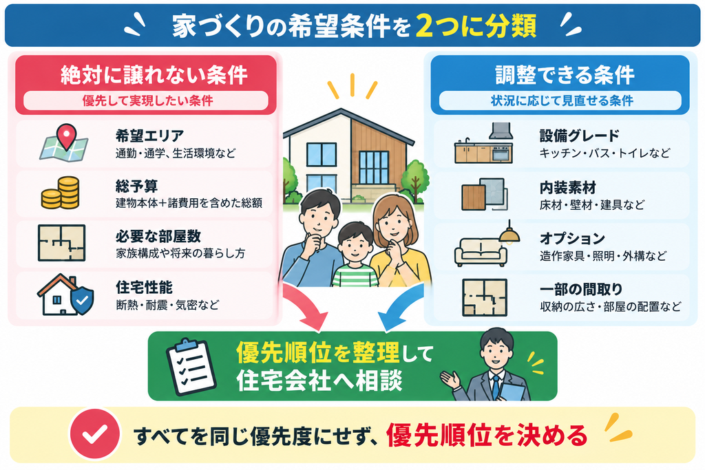 家づくりの希望条件を「絶対に譲れない条件」と「調整できる条件」に分け、優先順位を整理して住宅会社へ相談する流れを示した図解。
