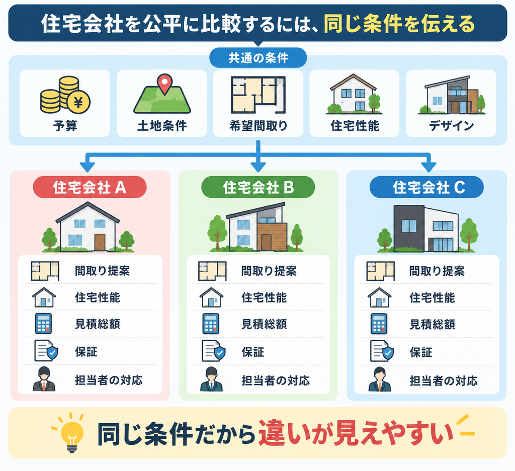 同じ予算・土地条件・希望間取り・住宅性能・デザインを住宅会社A・B・Cへ伝え、間取り提案・住宅性能・見積総額・保証・担当者の対応を比較する図解