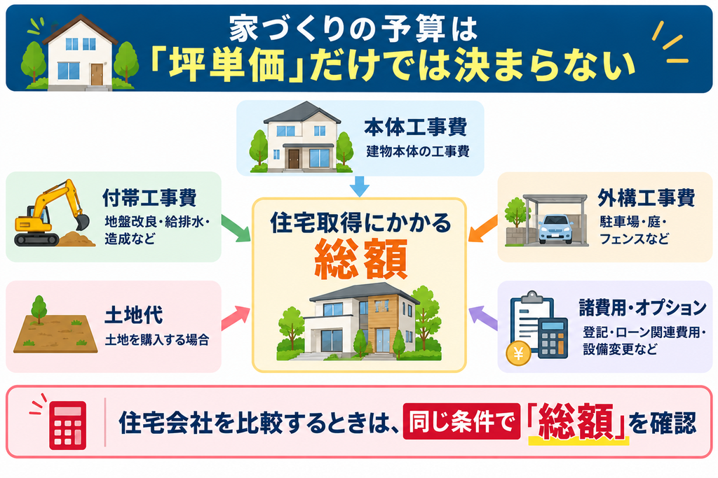 家づくりの総額は坪単価だけでなく、本体工事費、付帯工事費、外構工事費、土地代、諸費用・オプションを含めて確認する必要があることを示した図解。