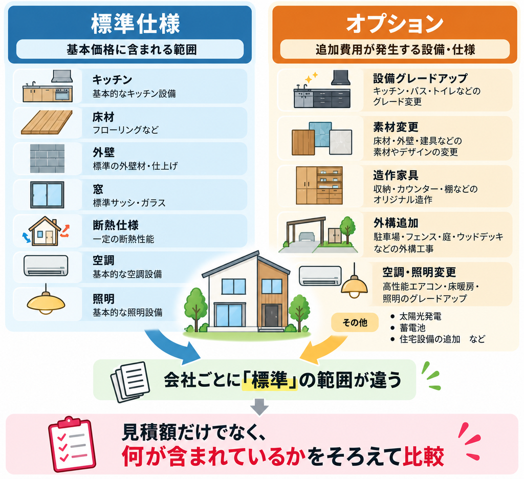 住宅の標準仕様とオプションの違いを、キッチン・床材・外壁・窓・断熱・空調・照明などの項目で比較し、見積額だけでなく含まれる範囲をそろえて確認する重要性を示した図解。