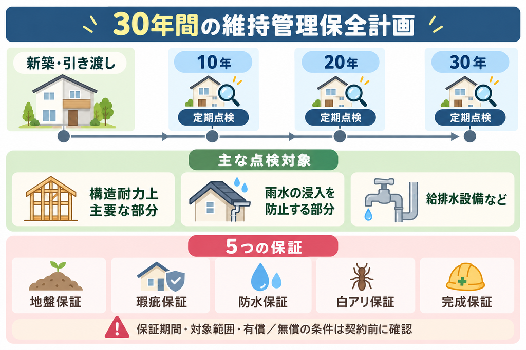 30年間の維持管理保全計画として、新築・引き渡しから10年・20年・30年の定期点検、主な点検対象、5つの保証を示した図解