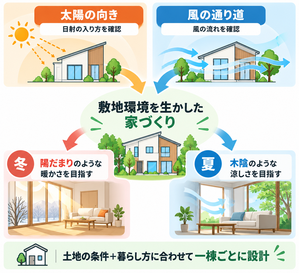 太陽の向きと風の通り道を確認し、敷地環境を生かした設計によって冬の暖かさと夏の涼しさを目指す家づくりを示した図解。