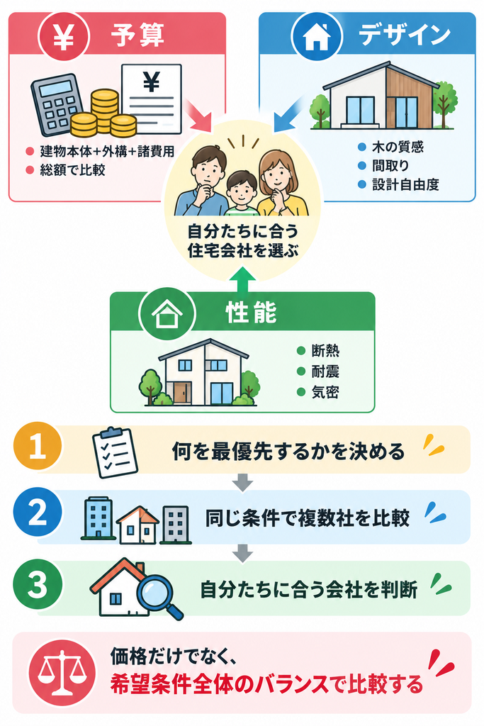 住宅会社選びで予算・デザイン・性能の3軸から優先順位を整理し、同じ条件で複数社を比較して自分たちに合う会社を判断する流れを示した図解。