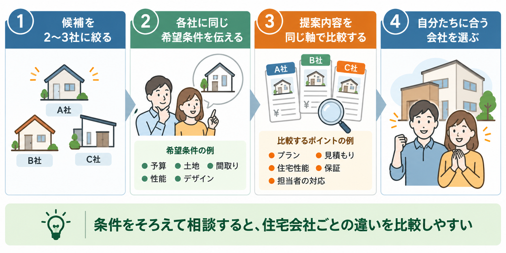 住宅会社を2〜3社に絞り、同じ希望条件を伝え、プラン・見積もり・住宅性能・保証・担当者を比較して自分たちに合う会社を選ぶ流れを示した図解。
