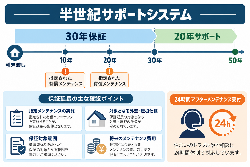 ウィザースホームの半世紀サポートシステムを示す図。引き渡しから30年間の保証と、その後20年間のサポート、10年・20年時点の有償メンテナンス、保証延長の確認ポイント、24時間アフターメンテナンス受付を示している。