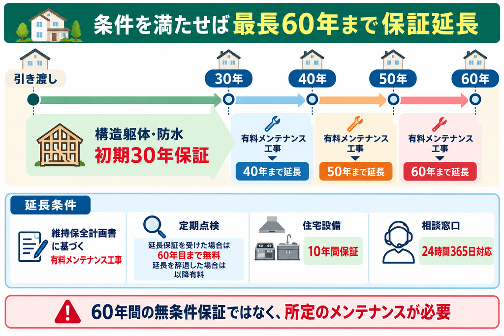 構造躯体・防水の初期30年保証から、有料メンテナンス工事を条件に最長60年まで保証を延長できる仕組みと、定期点検・住宅設備10年保証・24時間365日の相談窓口を示した図解。