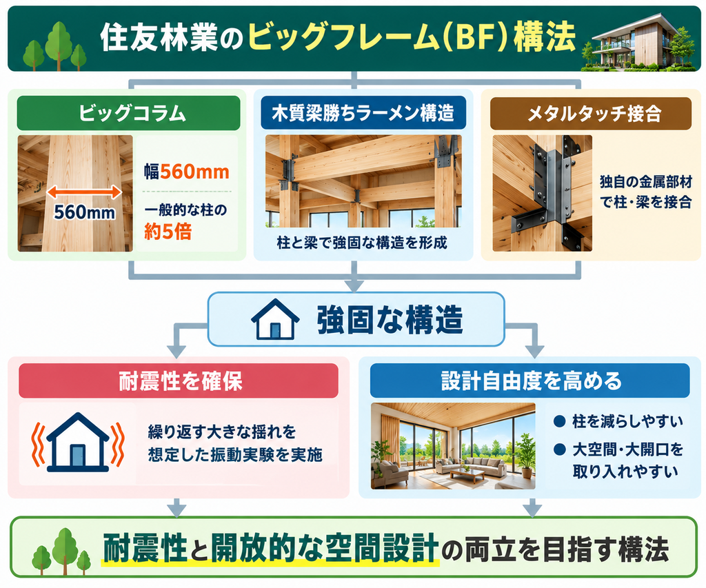 住友林業のビッグフレーム構法について、ビッグコラム、木質梁勝ちラーメン構造、メタルタッチ接合の3要素により、耐震性と開放的な空間設計の両立を目指す仕組みを示した図解。